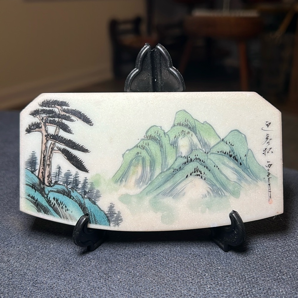 Vintage Asian Handpainted Mountain Landscape Stone Tablet with Display Stand
